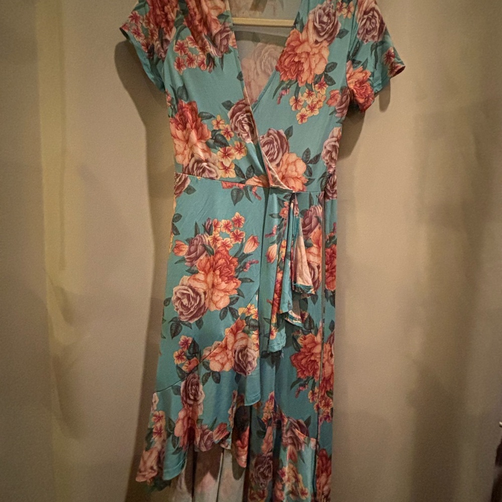 Elegant Floral High Low Dress in Teal and Peach